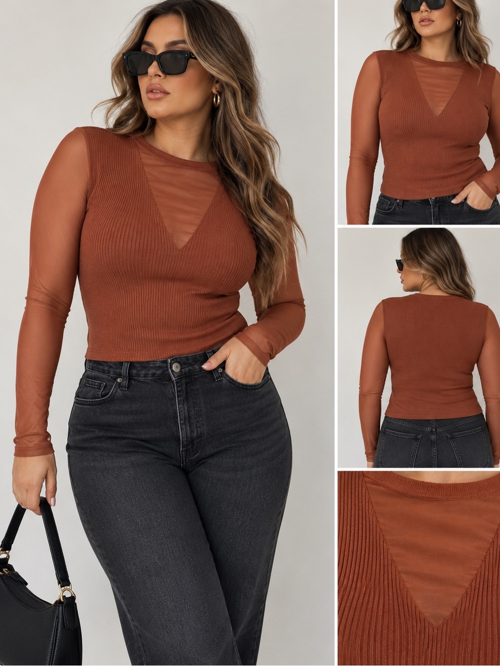 Crave Fame XL Rust Brown Ribbed Mesh Sleeve Top